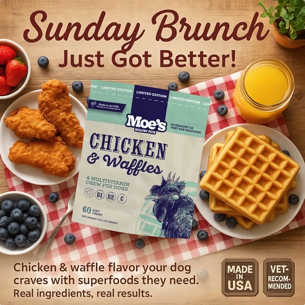 A high-conversion ad creative for dog multivitamins that leverages a warm, lifestyle-oriented breakfast theme to showcase ingredients and product benefits.